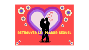 Couple s’enlaçant devant un grand cœur coloré, symbole de connexion et de lâcher-prise dans la sexualité.