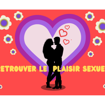 Couple s’enlaçant devant un grand cœur coloré, symbole de connexion et de lâcher-prise dans la sexualité.