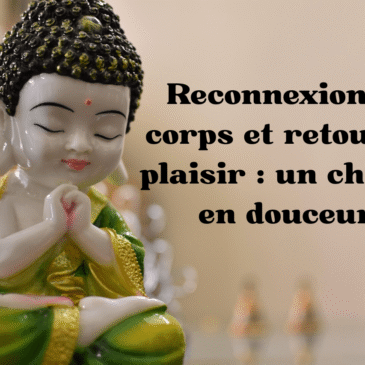 Femme détendue en posture assise, les yeux fermés, entourée d’éléments symbolisant la sérénité et la reconnexion au corps.